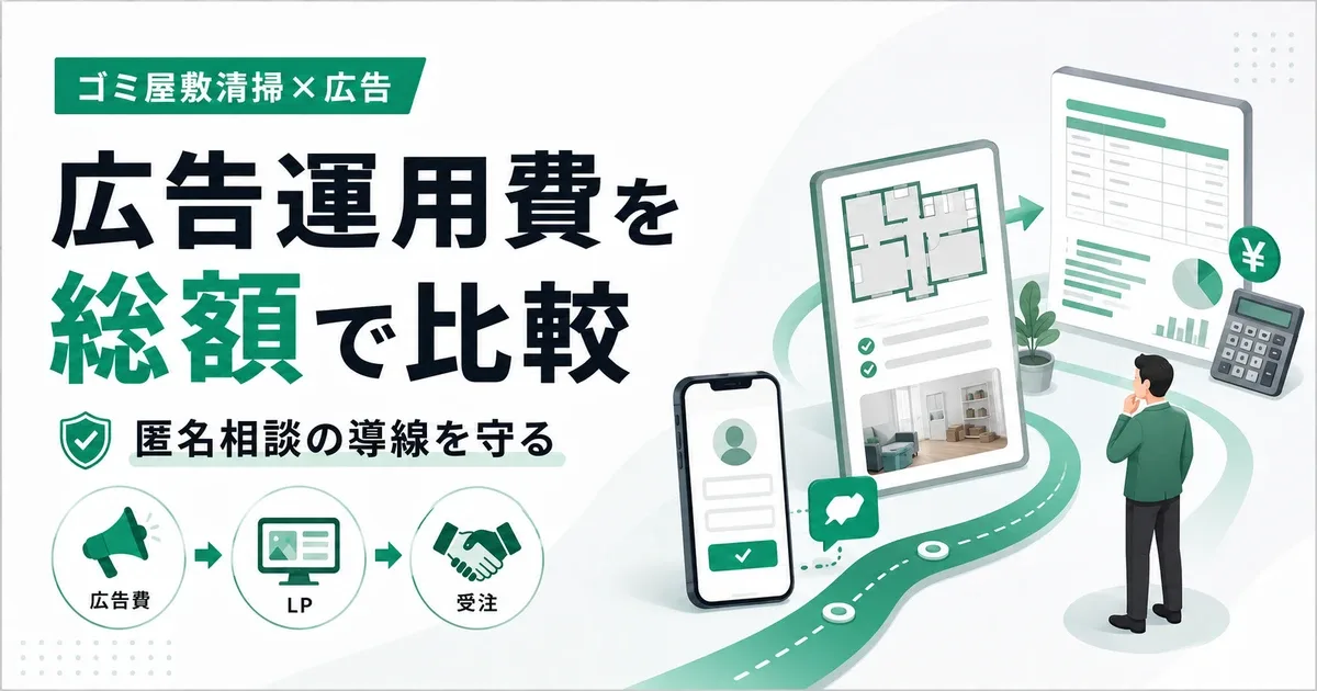 ゴミ屋敷清掃業者のリスティング広告運用代行費用|予算・LP・受注計測の比較